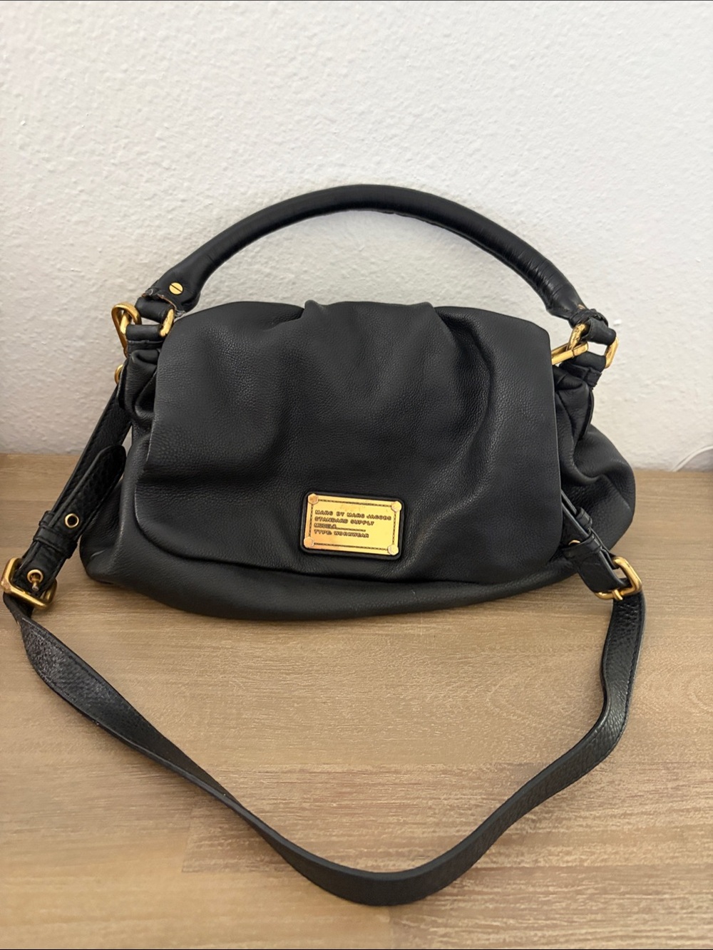 Black Leather Shoulder Bag with Gold Hardware